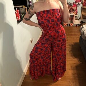 Jessica Simpson strapless pink and purple floral print flare pants jumpsuit